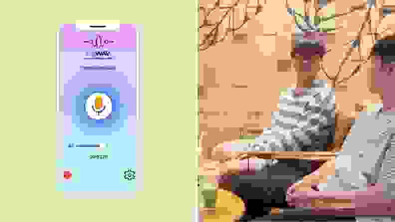Side-by-side image of a screengrab of the MpWAV ClearSense Audio app and a photo of a man using the technology while listening to a friend speak.