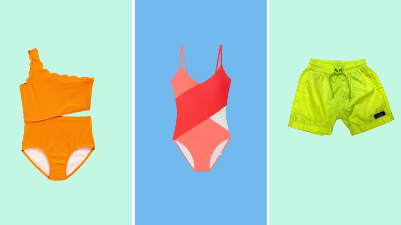 Orange, one-strap two piece bathing suit against cyan background; red and pink one-piece bathing suit against a blue background; neon green swimming trunks against a cyan background