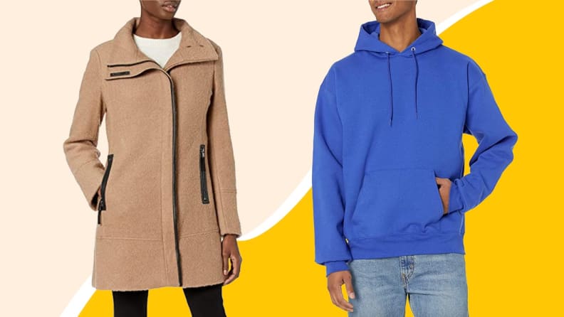 Beige coat and blue hoodie on yellow background