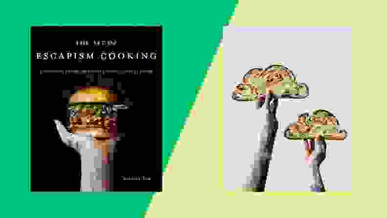 Front and back of cookbook cover that have a hand holding a burger and hold as artwork.