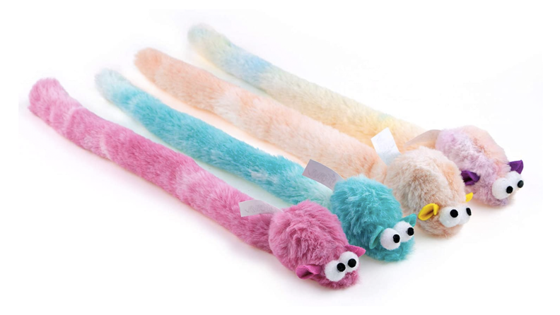 Four soft fuzzy cat toys with long tails and googly eyes