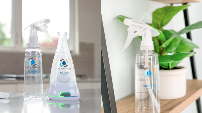 On left, Force of Nature cleaning solution spray on countertop. On right, Force of Nature cleaning solution spray on wooden shelf next to plant.