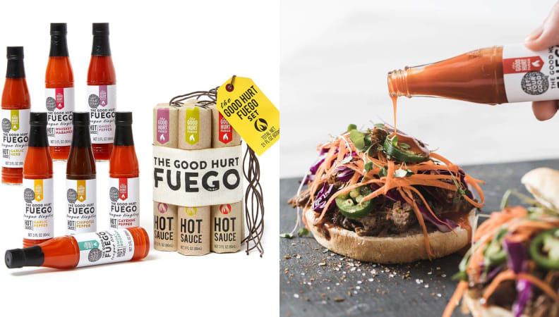 Product images featuring a plethora of hot sauce bottles and sauce being added to a burger.