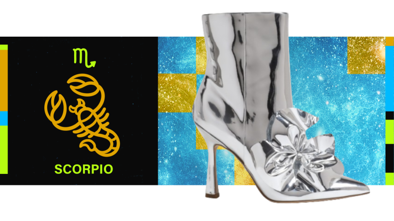 On the left is the symbol for Scorpio, and on the right is a metallic silver boot.