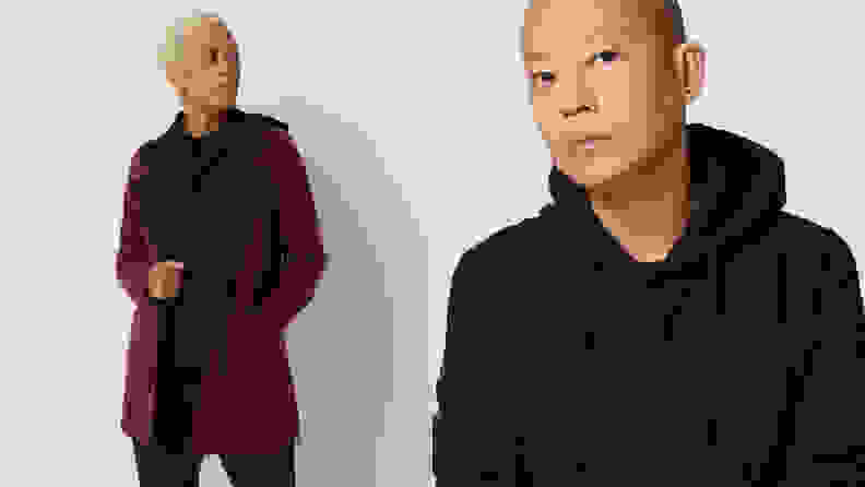 A split image of designer Jason Wu and a woman wearing a Jason Wu jacket, which you can buy on the QVC website.