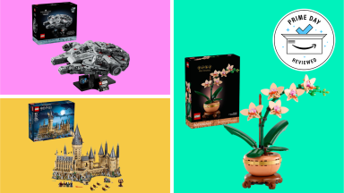 Three different LEGO playsets, each on a color background