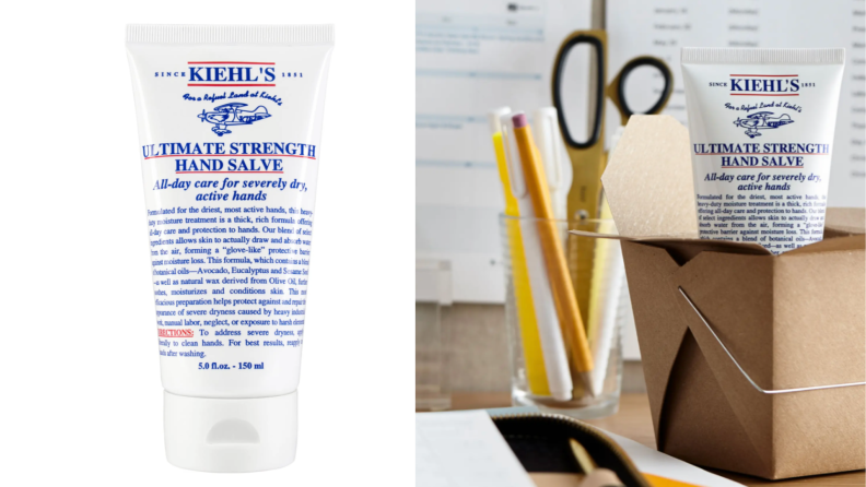 On left, white and blue bottle of Kiehl’s Ultimate Strength Hand Salve. On right, bottle of Kiehl’s Ultimate Strength Hand Salve in a brown takeout container on top of box.