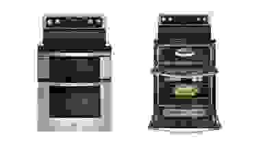 Two silhouetted images of a double oven electric range, one with the oven doors open (right) and the other closed (left).