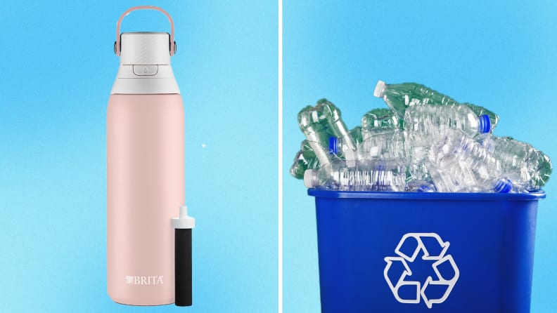 On left, reusable pink water bottle to handle located at top next to slim water filter. On right, recyclable bin filled with empty plastic water bottles.