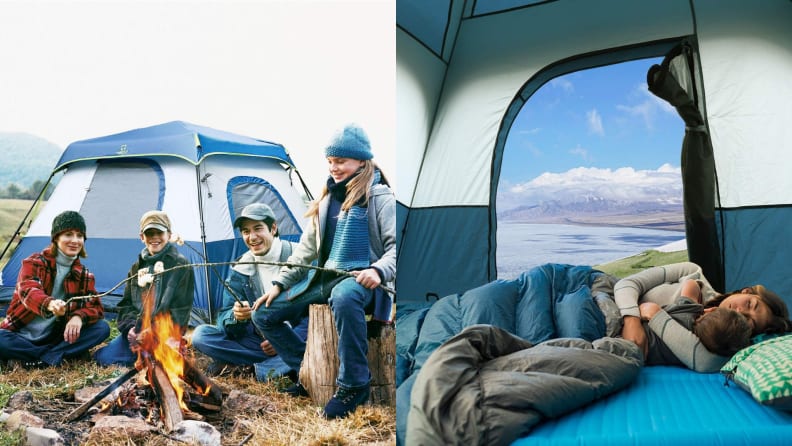 A family sits by a fire while camping.