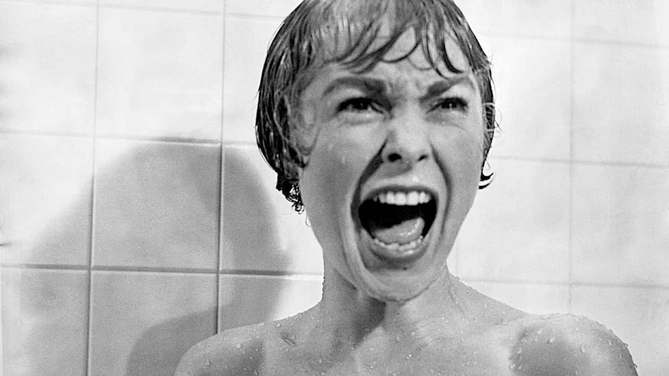 Janet Lee screaming in a shower, in a scene from "Psycho."