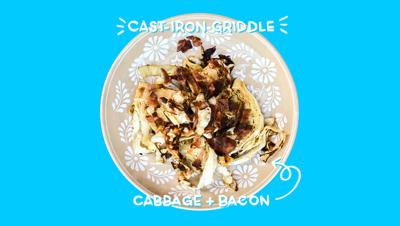 A plate filled with grilled cabbage and crispy bacon, all silhouetted against a bright blue background.
