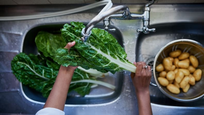 Washing greens and potatoes