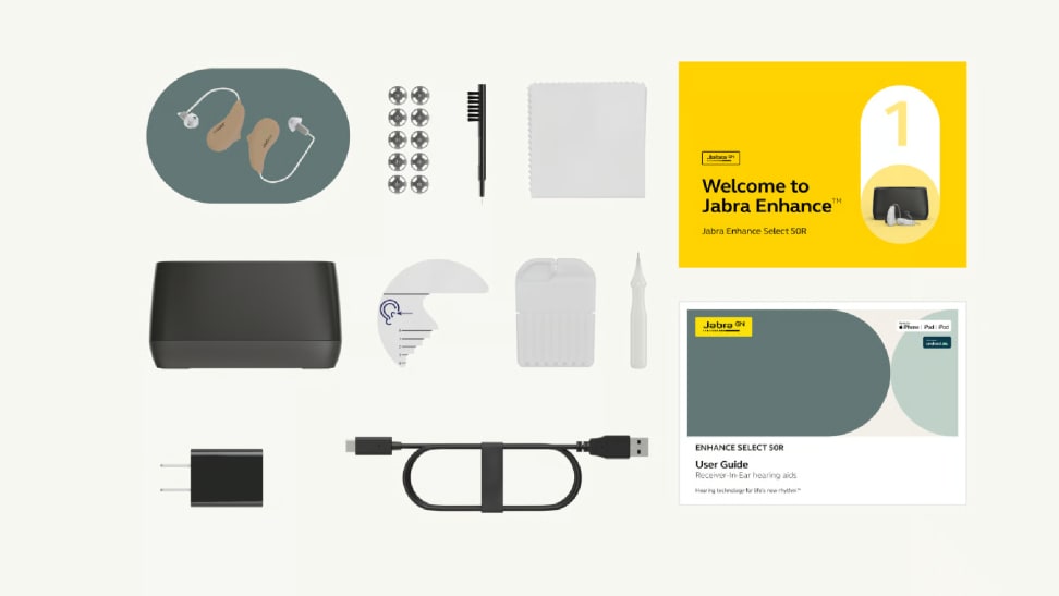 A collage on a beige background that shows the Jabra Enhance app, Jabra Enhance 700 hearing aid case, and Jabra Enhance 700 hearing aids