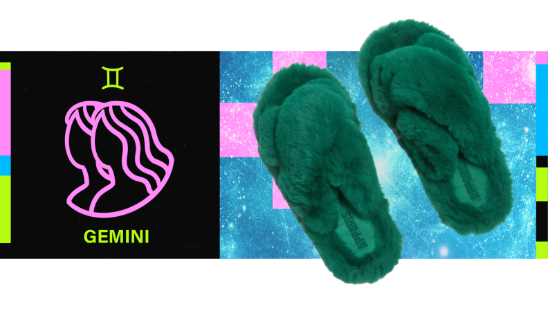 On the left is the symbol for Gemini, and on the right is a pair of fuzzy green slippers.