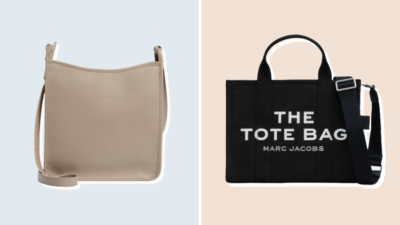 Two purses from Nordstrom against grey and beige backgrounds.