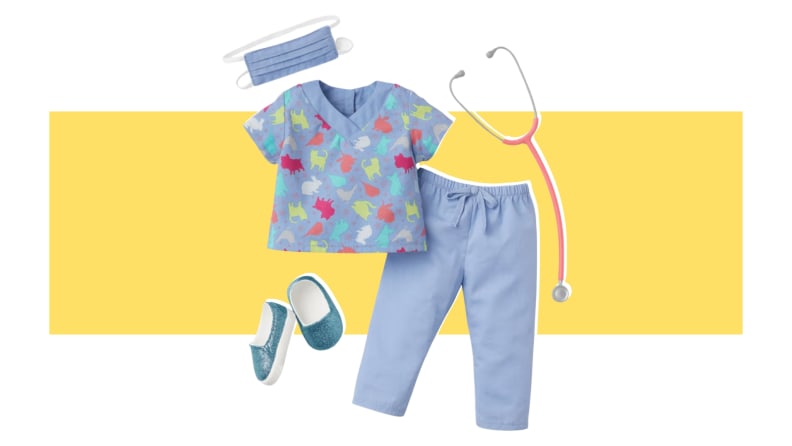 An American Girl hospital outfit and hospital accessories on a yellow background.