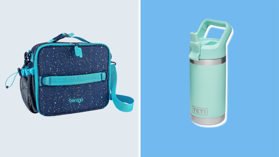 A blue lunchbox and a blue Yeti water bottle, side-by-side, perfect for packing a lunch for school.