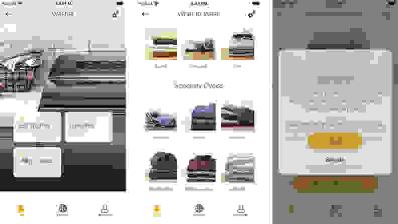 A series of three screenshots of the Whirlpool app on an iOS device. The first screen shows different washer options, the second screen showcases a lot of cycle options, and the third screen is showing a laundry tip.