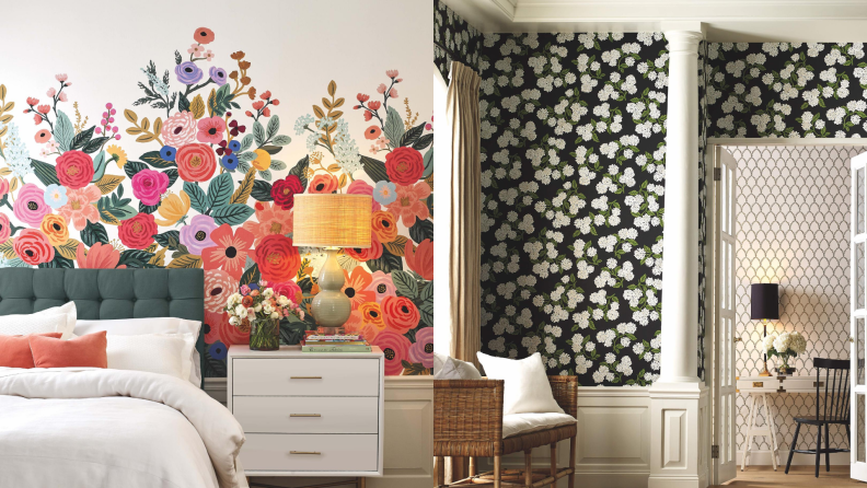 On the left: multi-colored floral wallpaper by a bed and bedside table. On the right: black and white wallpaper with hydrangea design next to a chair