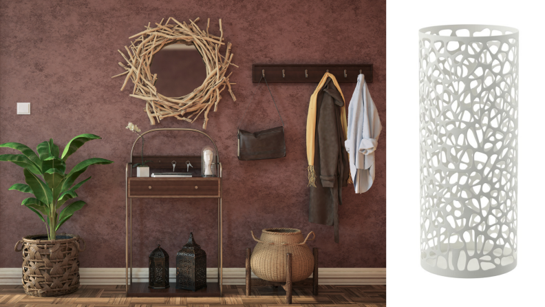 An image of a small entryway with table, mirror, plants, and jackets, next to a photo of an umbrella stand