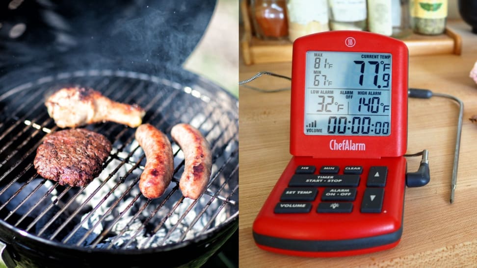 On left, meat being cooked on a charcoal grill. On right, an image of a meat thermometer on a table.