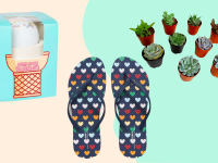 On a cream and light green background: A bath bomb that looks like and ice cream cone, a pair of flip slops with a mini heart pattern, a selection of mini succulent plants.