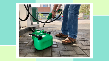 Person pouring gas from pump directly into green plastic gas can.
