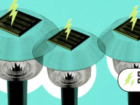 Solar panel lawn lights against a teal background