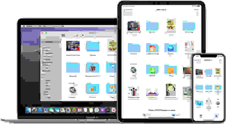 A mockup of an iPad, iPhone, and Mac, all showing Apple's Finder/Files app, with a series of folders and files inside.