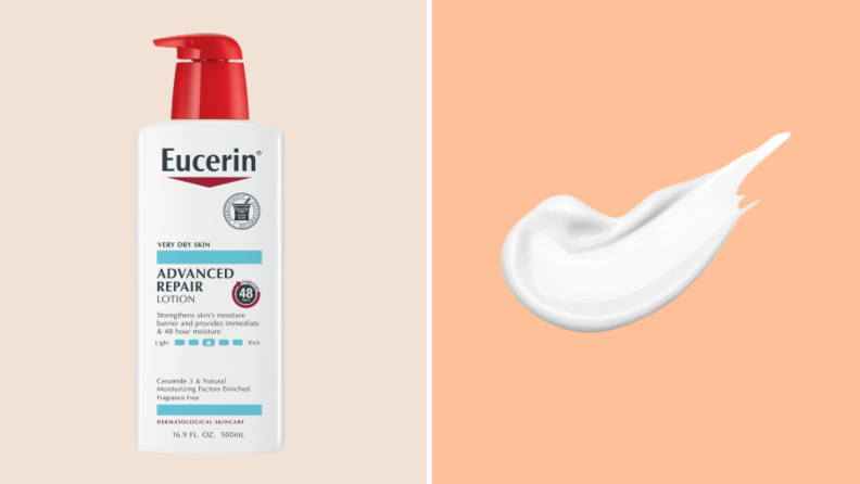 a bottle of Eucerin advanced repair next to a white dollop of the lotion itself