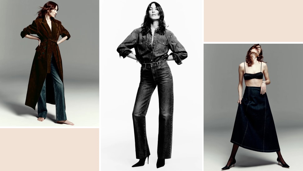 Three photos of Alexa Chung wearing clothes from the Madewell x Alexa Chung collection.