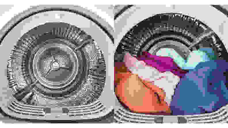 Two images of the GE GFT14ESSMWW ventless condenser dryer's interior drum, one with a load of laundry for scale and one without.