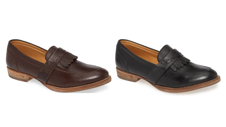 One black and one red loafer shoe