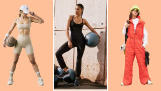 Three people wearing fitness clothing from Free People Movement including bike shorts, sports shoes and a puffer suit.