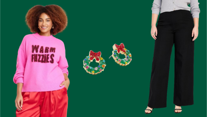 Collage of a model wearing a pink sweater that reads "Warm Fuzzies," a pair of wreath earrings, and a model wearing wide-leg pants.
