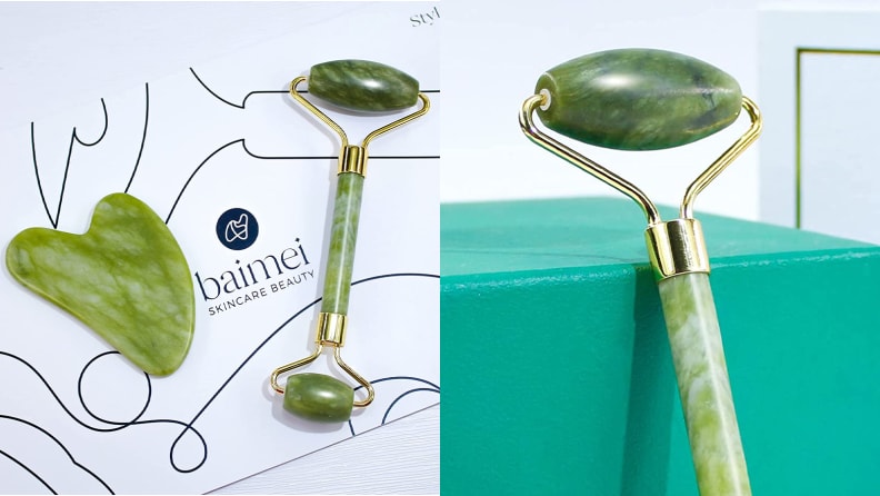 On the left: A gua sha stone and jade roller lay side by side. On the right: A closeup on the larger side of a jade roller.