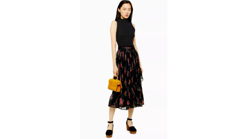 A floral midi skirt is fashionable and fun.