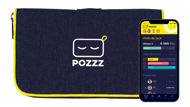 A Pozzz Pouch and a smartphone showing the app