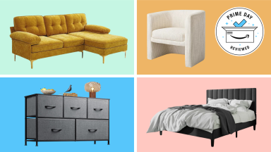 mustard sofa, beige accent chair, gray dresser, and gray bedframe on green, orange, blue, and pink background