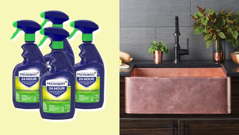 On left, four bottles of the MicroBan antibacterial spray. On right, copper sink in modern kitchen setting.