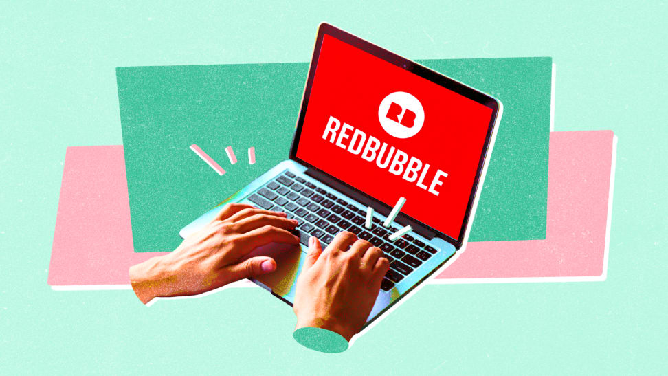 An image of disembodied hands typing on a laptop with the Redbubble logo across the screen.