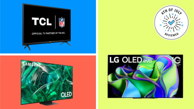 A collage of TVs with the 4th of July Reviewed badge in front of colored backgrounds.