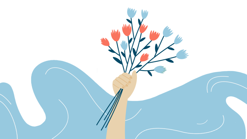 An illustration of a person's hand holding a bouquet of red and blue flowers.