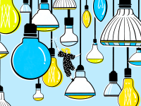A unique illustration showing a variety of light bulbs hanging, with a woman in the center