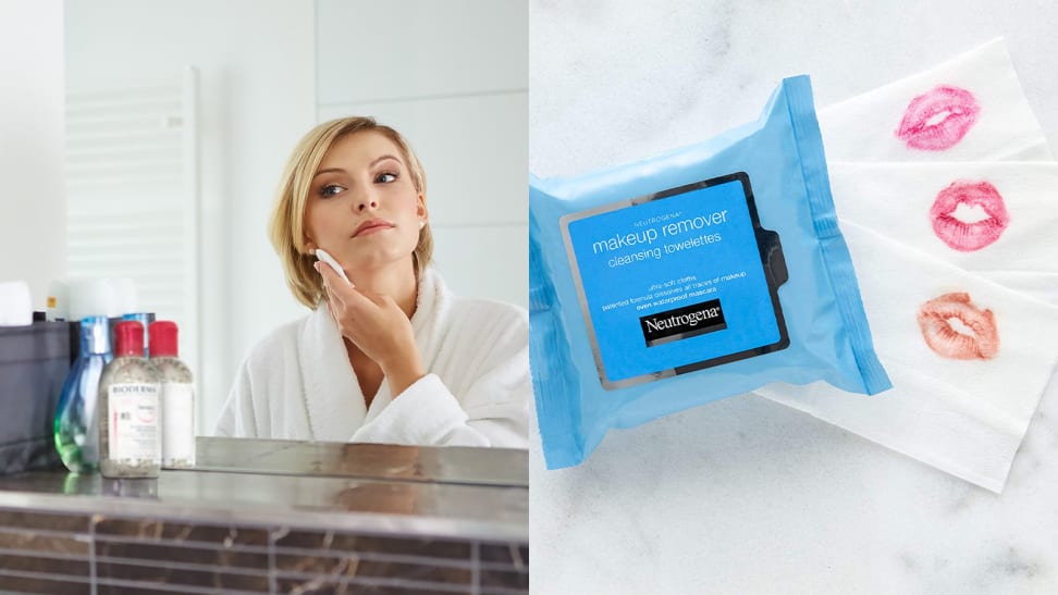 A photo of a woman removing her makeup next to a photo of Neutrogena Makeup Remover Cleansing Towelettes.