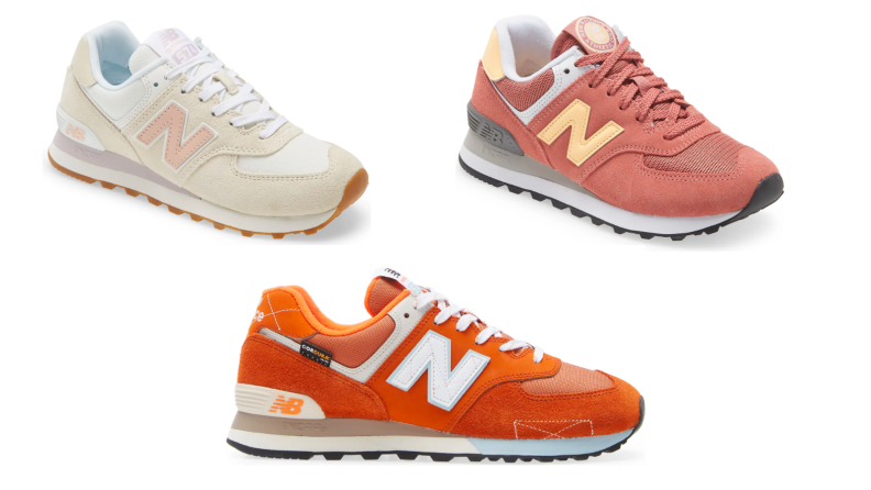 Three images of the same New Balance 574 lace-up sneaker in tan, orange, and pink, respectively.