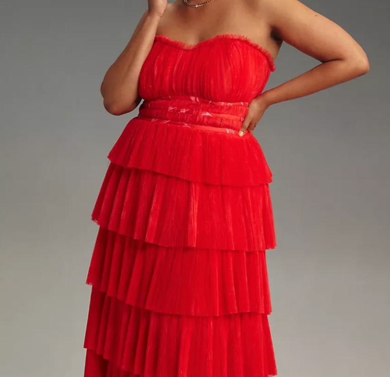 Hutch red prom dress against a grey background.