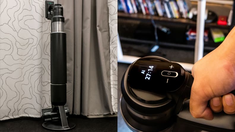 The Samsung Bespoke AI Jet on its charging stand next to a photo of the vacuum's digital display