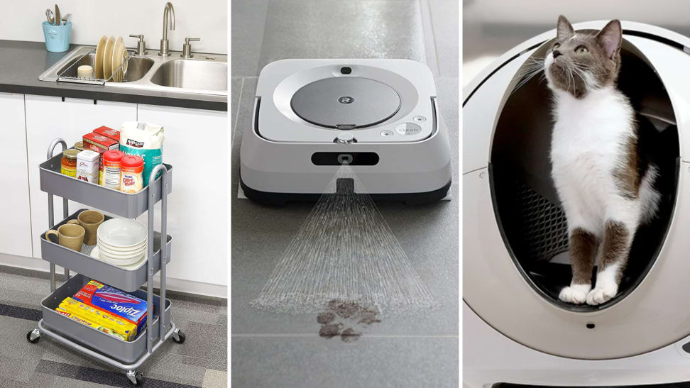 (Left) A mobile storage unit inside a kitchen. (Center) A robotic floor cleaner. (Right) A cat relieves itself inside the Litter Robot.